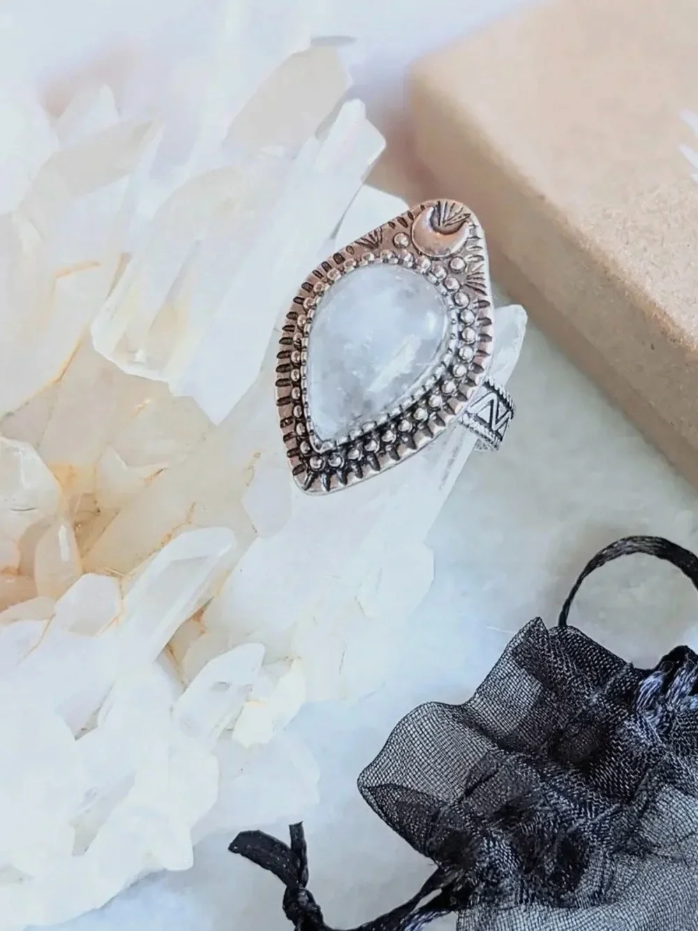 Clear Quartz Boho Silver Adjustable Ring